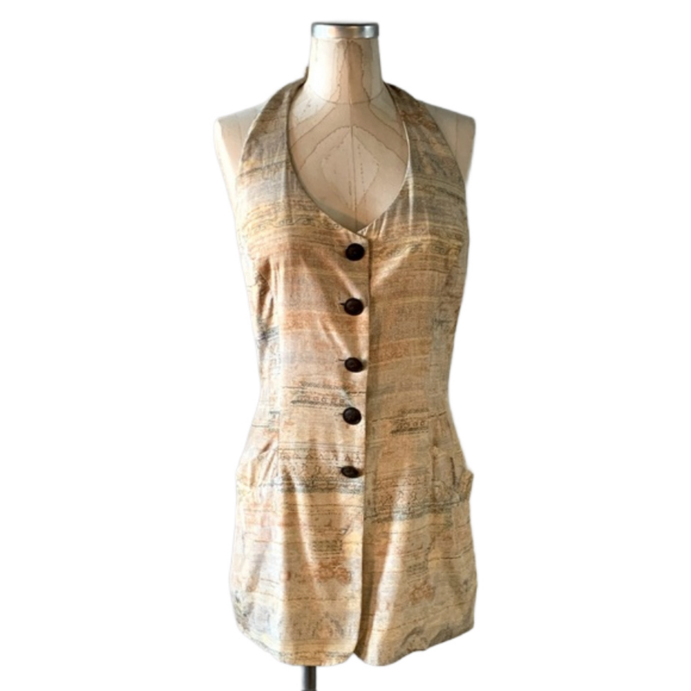 Nina K & David Cline Yellow ButtonUp Halter Vest Tunic Womens Sz 4 Small Vintage